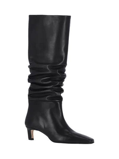 Alohas Mid-calf Black Leather Boots With Pointed Toe And Relaxed Texture In Black