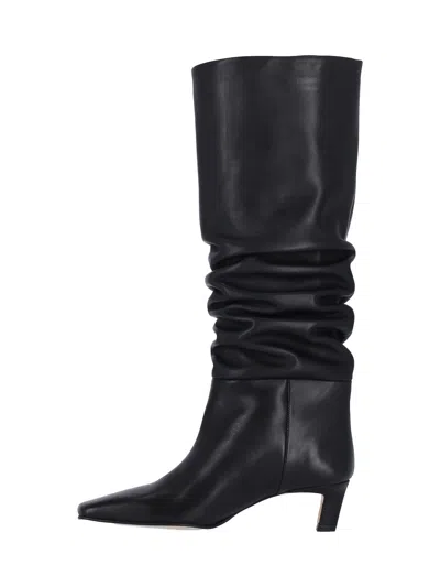 Alohas Mid-calf Black Leather Boots With Pointed Toe And Relaxed Texture In Black