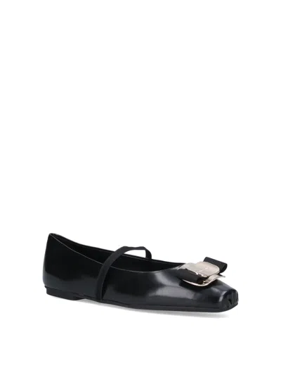 Ferragamo Lambskin Flats With Gold-tone Buckle Detail In Black