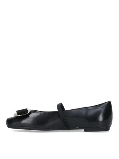 Ferragamo Lambskin Flats With Gold-tone Buckle Detail In Black