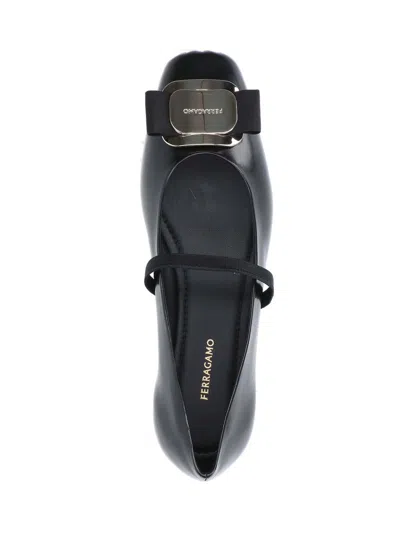Ferragamo Lambskin Flats With Gold-tone Buckle Detail In Black