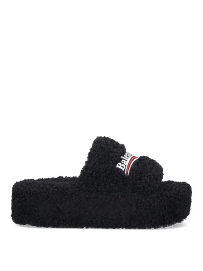 Balenciaga Furry Platform Sliders In Black