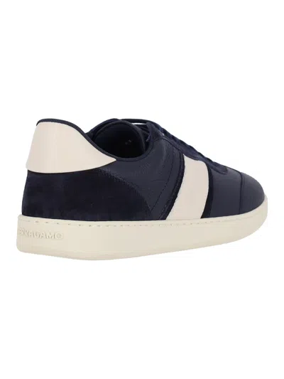 Ferragamo Men Blue Sneakers With Contrasting Heel And Logo Lettering On The Tongue In Leather Man In Blue