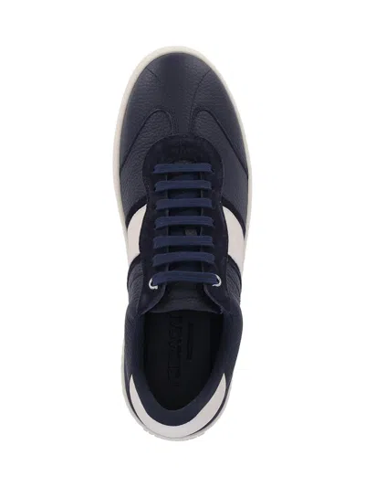 Ferragamo Men Blue Sneakers With Contrasting Heel And Logo Lettering On The Tongue In Leather Man In Blue