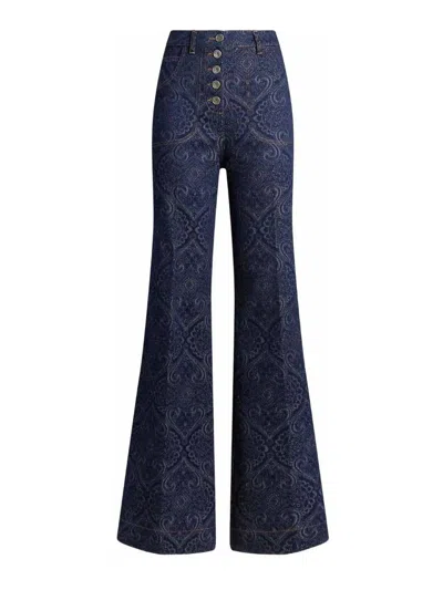 Etro Flared Jacquard Denim Jeans With Pegaso Buttons In Blue