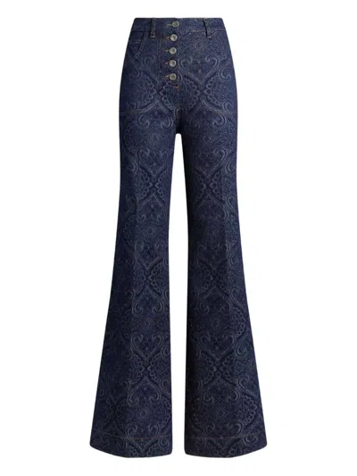 Etro Flared Jacquard Denim Jeans With Pegaso Buttons In Blue