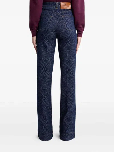 Etro Flared Jacquard Denim Jeans With Pegaso Buttons In Blue