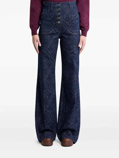 Etro Flared Jacquard Denim Jeans With Pegaso Buttons In Blue