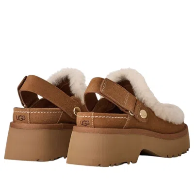 Ugg Suede Mules With Plush Trim And Adjustable Strap In Brown