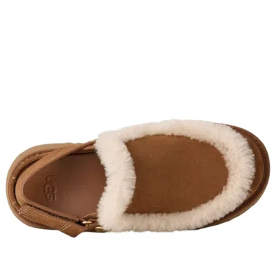 Ugg Suede Mules With Plush Trim And Adjustable Strap In Brown