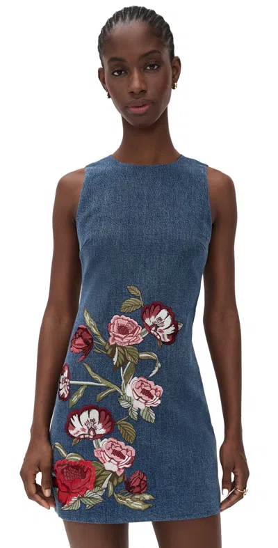 Alice And Olivia Cade Embroidered Sleeveless Denim Mini Shift Dress In Blue