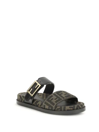 Fendi Leather Sandals With Double Strap And Buckle In Brown