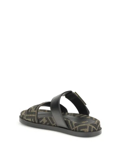 Fendi Leather Sandals With Double Strap And Buckle In Brown