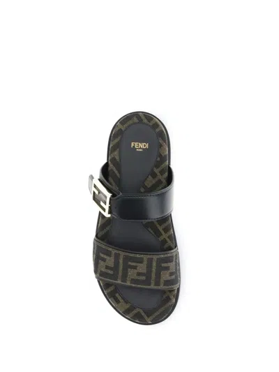Fendi Leather Sandals With Double Strap And Buckle In Brown