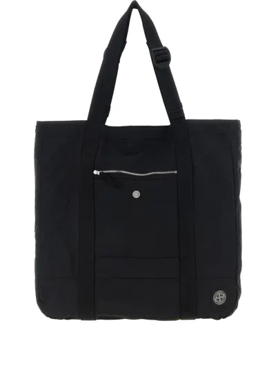 Stone Island Logo Patch Shopping Bag Tote Bag Black In Black