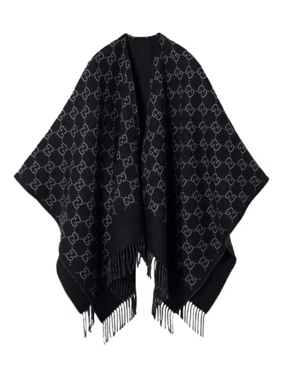 Gucci Black Cape With Fringed Hem In Gg Wool Jacquard Woman In Black