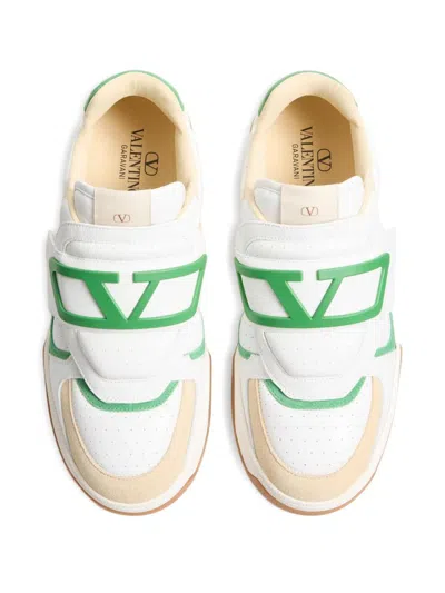 Valentino Low Top Leather Sneakers With Perforated Round Toe In White