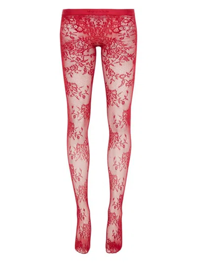 Alexander Mcqueen Floral Lace Sheer Tights With Elastic Waistband In Red