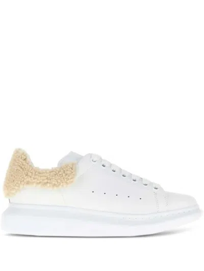 Alexander Mcqueen Oversized Sneakers In White Leather With Shearling Heel Tab Shoes In White