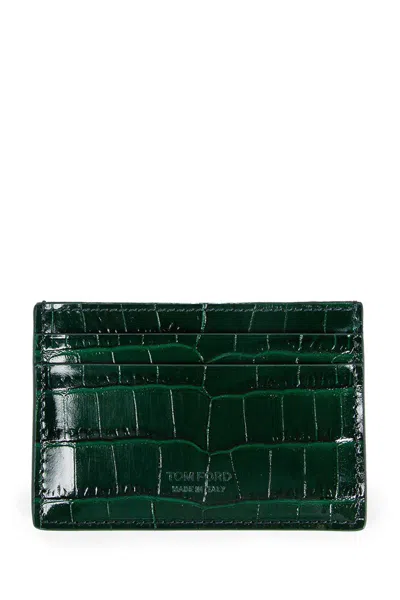 Tom Ford Leather Card Holder With Crocodile Effect In Green