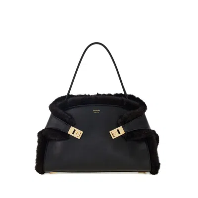 Ferragamo Hug Shearling-trimmed Leather Shoulder Bag In Black