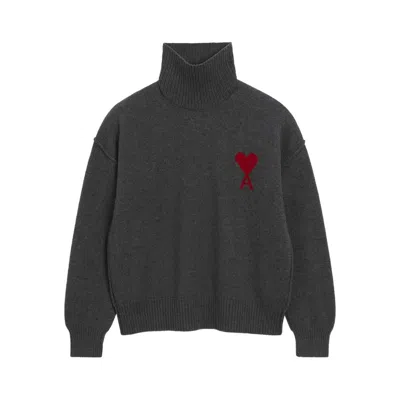 Ami Alexandre Mattiussi Ami Paris Ami Paris Black Wool Ami De Coeur Turtleneck In Gray