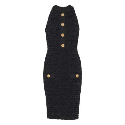 Balmain Buttoned-pocket Tweed Mini Dress In Black
