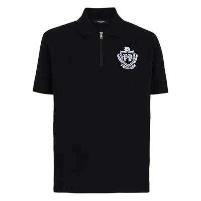 Balmain Short Sleeve Zip Collar Polo Shirt In Black