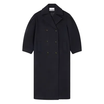 Ganni Balloon-sleeves Double-breasted Coat In Black