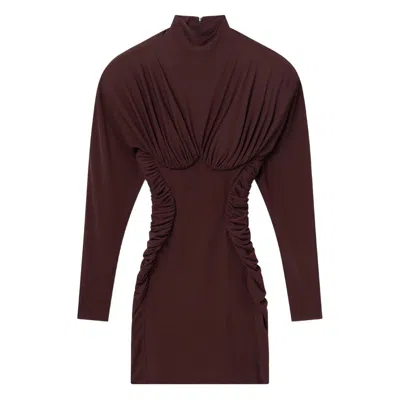 Stella Mccartney Pleated Long Sleeve Crepe Jersey Minidress In Brown