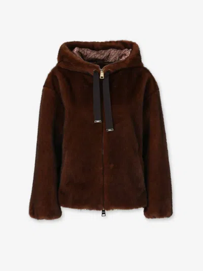 Herno Bomber Jacket In Melange Alternative Mink Fur In Brown