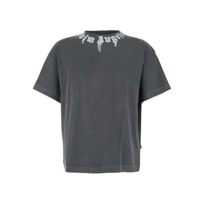 Palm Angels Gradient Gray Cotton T-shirt With Contrast Print In Gray