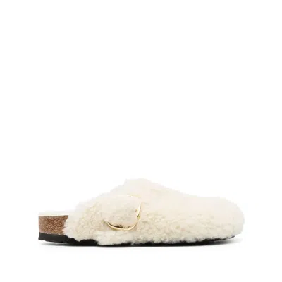 Birkenstock Teddy Lambskin Slippers Big Buckle In Nude