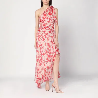 Victoria Beckham Floral Print One-shoulder Draped Midi Dress In Red