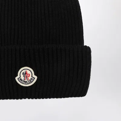 Moncler Mens Black Logo-patch Ribbed Wool-cashmere Beanie Hat In Black