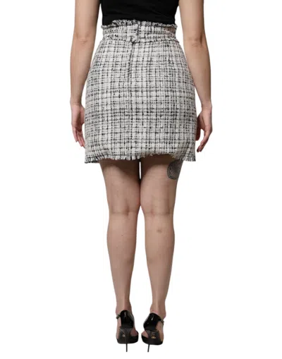 Dolce & Gabbana White Black High Waist Tartan Tweed Mini Skirt In Multi