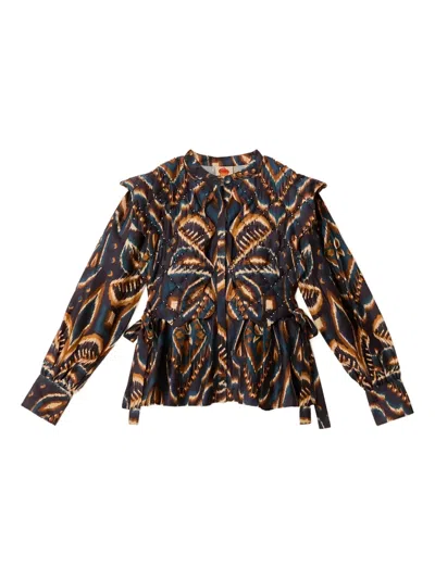 Farm Rio Blue Pineapple Ikat Long Sleeve Matelasse Blouse In Multi
