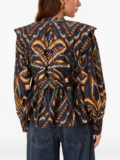 Farm Rio Blue Pineapple Ikat Long Sleeve Matelasse Blouse In Multi