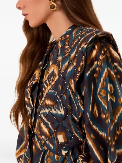 Farm Rio Blue Pineapple Ikat Long Sleeve Matelasse Blouse In Multi