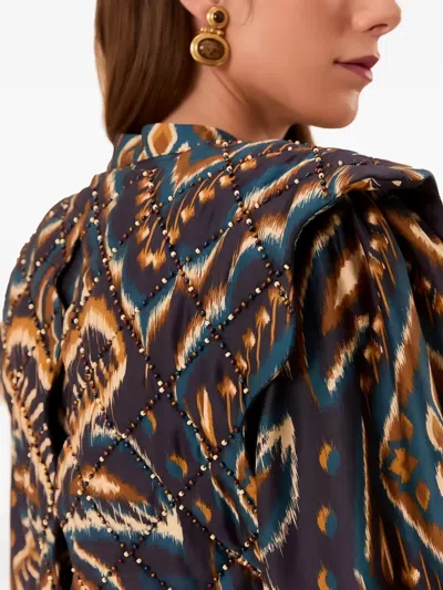 Farm Rio Blue Pineapple Ikat Long Sleeve Matelasse Blouse In Multi