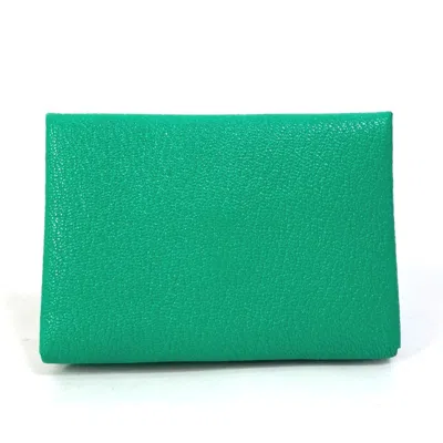 Pre-owned Hermes Bicolor Green Mint Green Pink Chevre Leather Coin Purse/coin Case ()
