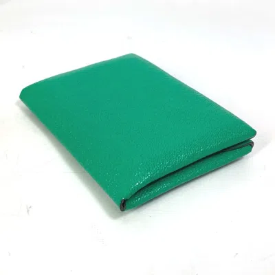 Pre-owned Hermes Bicolor Green Mint Green Pink Chevre Leather Coin Purse/coin Case ()