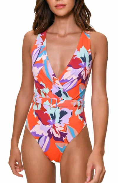 Hutch Meela Belted One Piece Swimsuit In Orange Abstract Floral In Orange