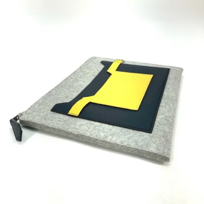 Pre-owned Hermes Gray Yellow Felt Epsom Leather Clutch Bag Pouch ()