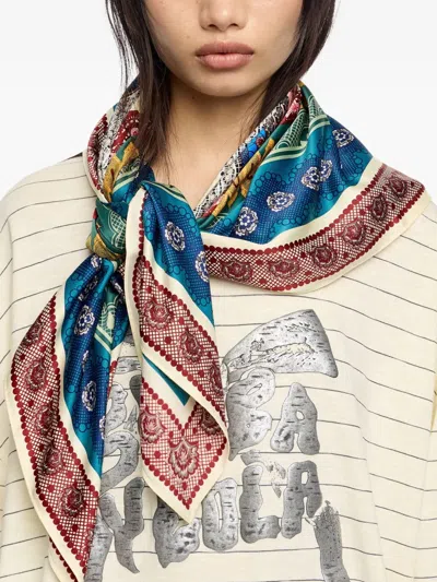 Bimba Y Lola Patterned-border Square Scarf In Blue