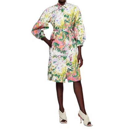 Mirto Floral Brush-strokes Print Shirt Dress In Cream With Green/pink Multi