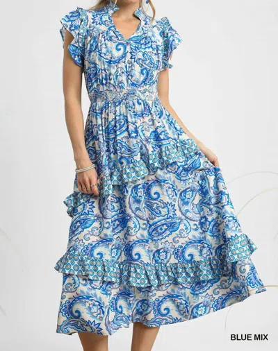 Umgee Paisley Print Ruffle Sleeve Midi Dress In Royal Blue In Blue