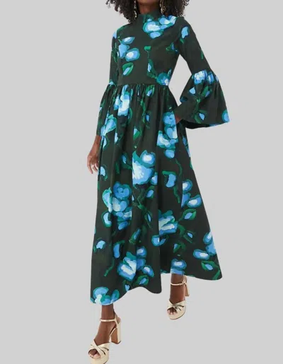 De Loreta Verde Print Matilda Maxi Dress In Blue/green In Green