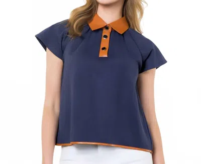 Thml Contrast Collar Faux Leather Top In Navy In Blue