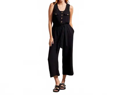 Tribal Jumpsuit With Sash And Pockets Button Front In Black In Black